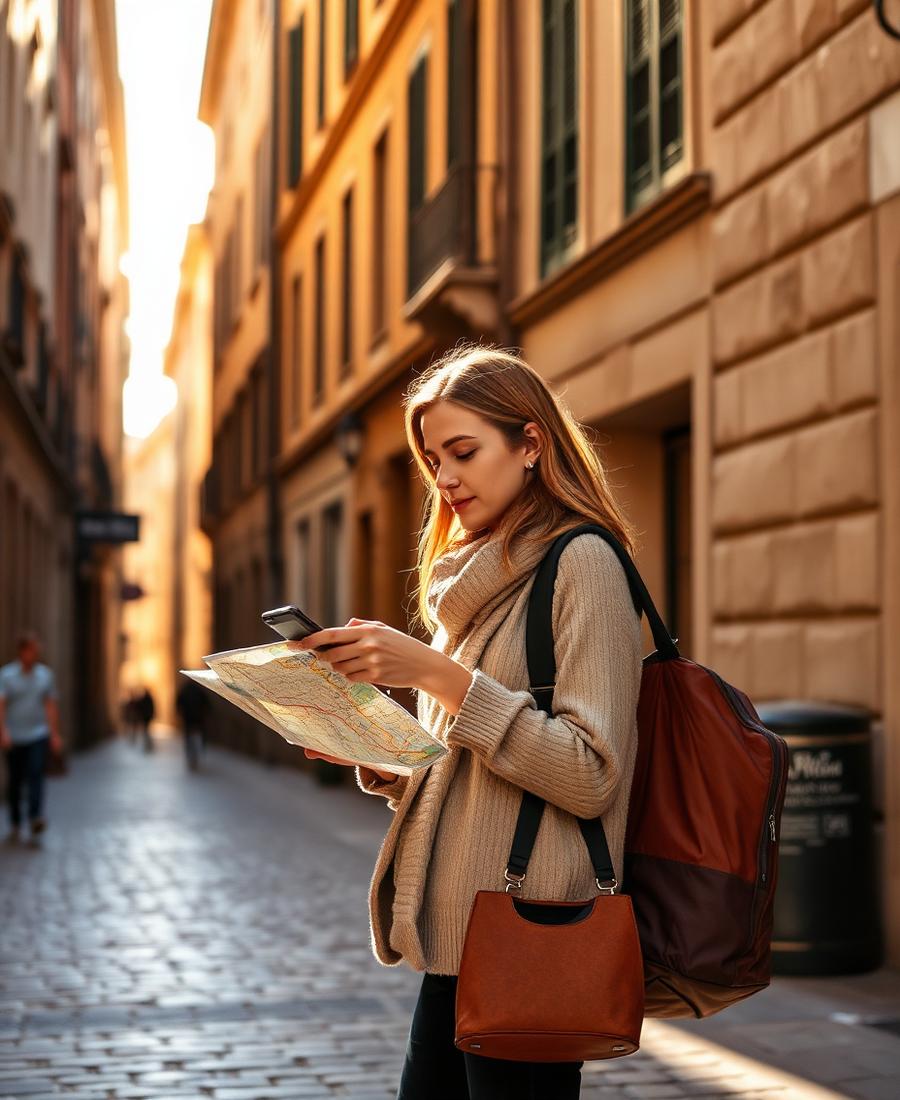 A traveller looking at a map on a sunlit street.