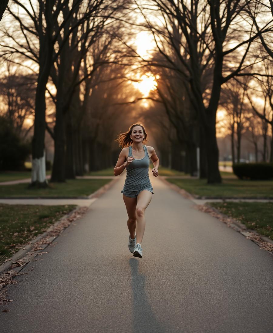 A woman running on a quiet park path at dawn.