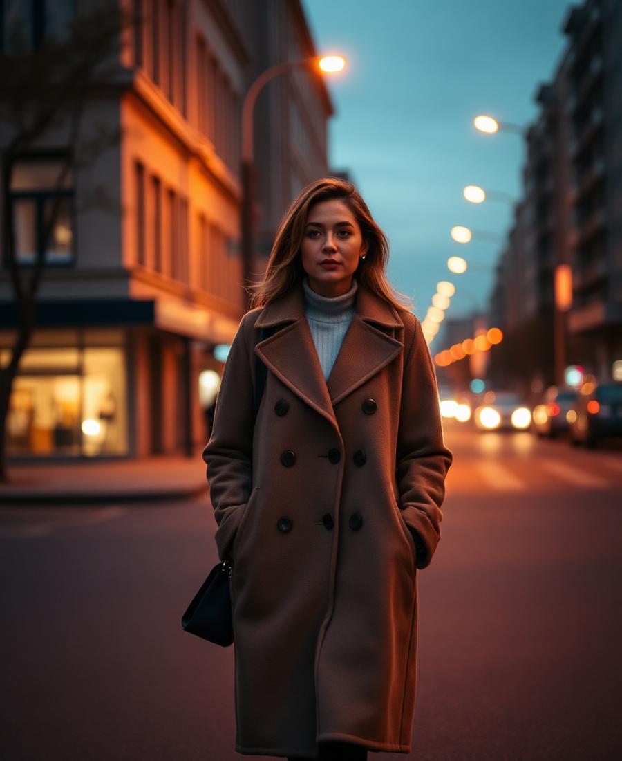 A woman walking calmly along a city street at dusk.