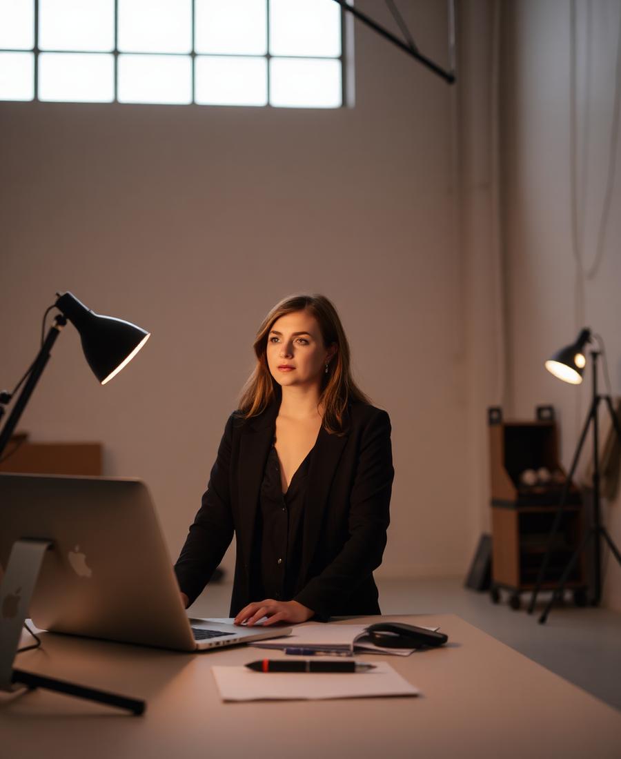 A woman working alone in a studio in the evening.