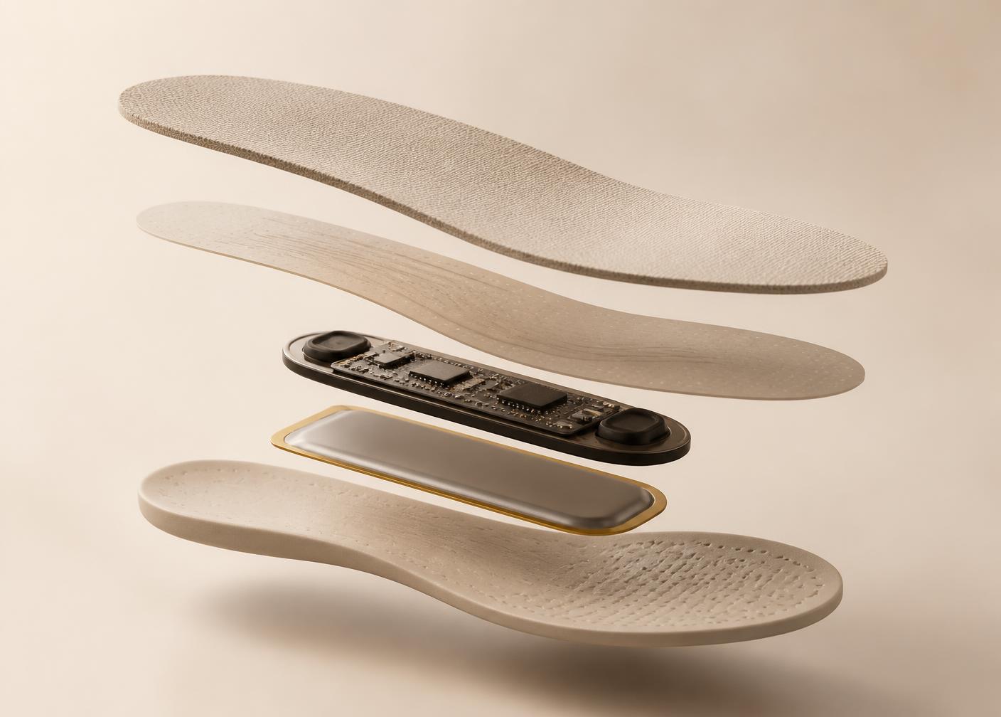 Exploded view of the AlarmSole insole showing the top textile layer, sensing layer, protected electronics core, battery and base.