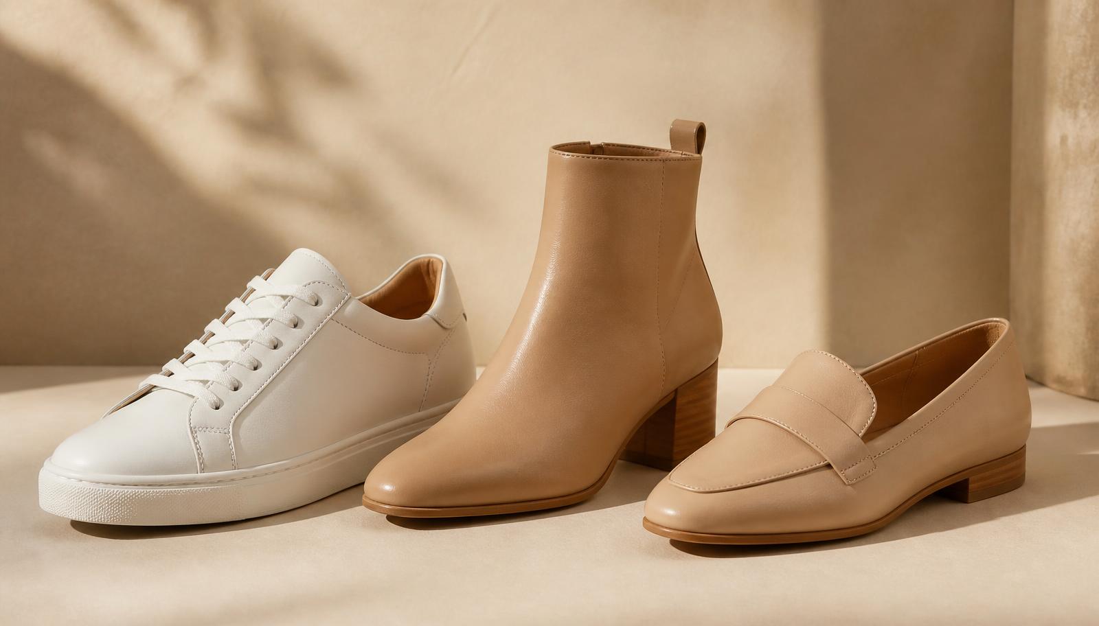 A white sneaker, a tan ankle boot and a leather loafer arranged in a row.