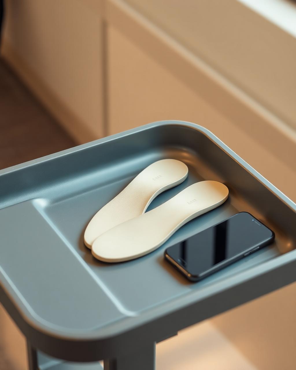 An AlarmSole insole placed on its own in an airport security tray beside a smartphone.